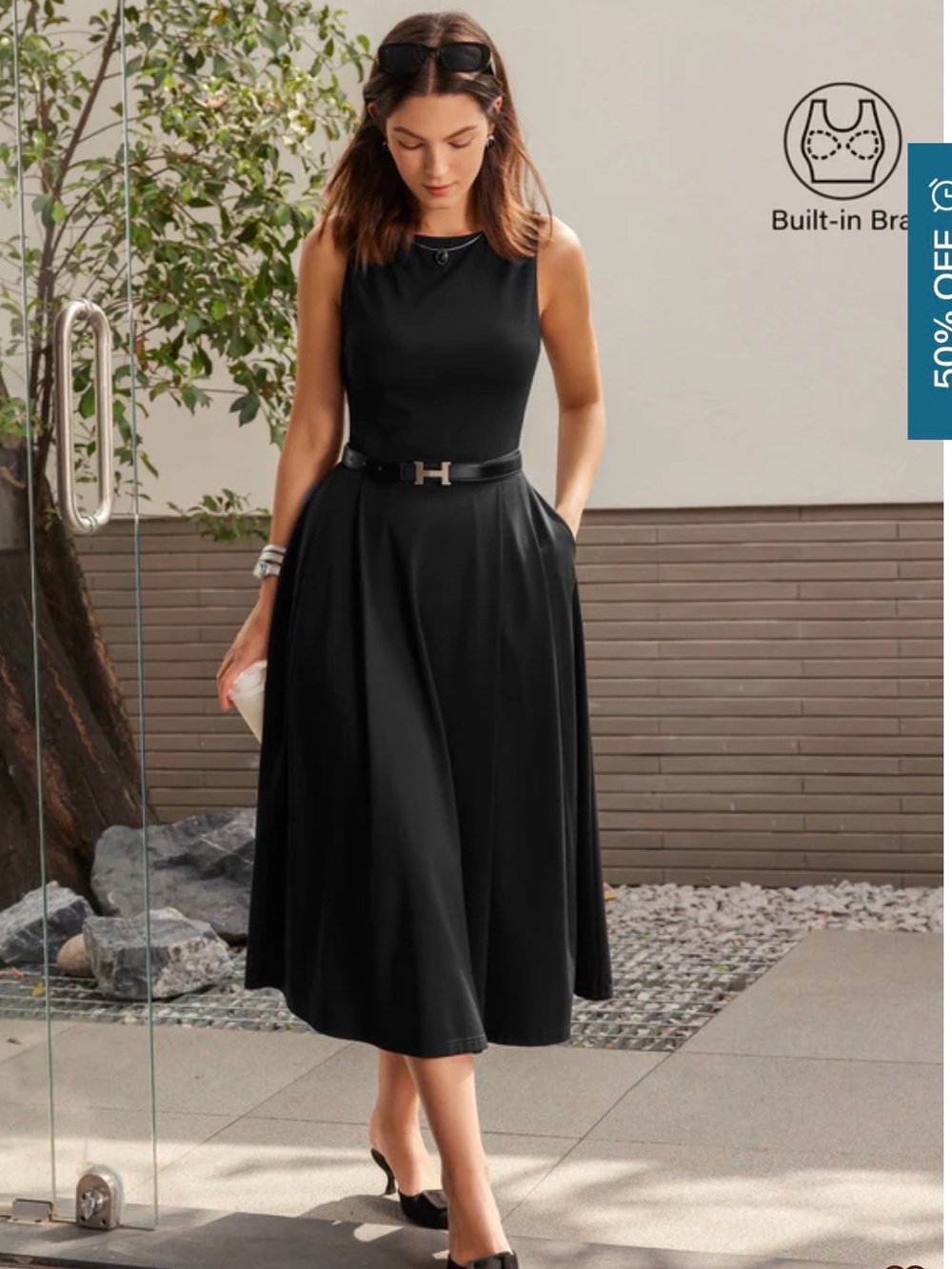 NWT OGL Boatneck Bamboo Ponte Bra Midi Dress with Pockets Black Small Petite